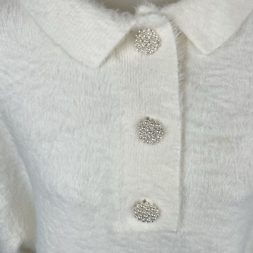 H&M Fuzzy Pearl Short Sleeve Collar Oversized Christmas Sweater Women's Size M - Picture 3 of 16